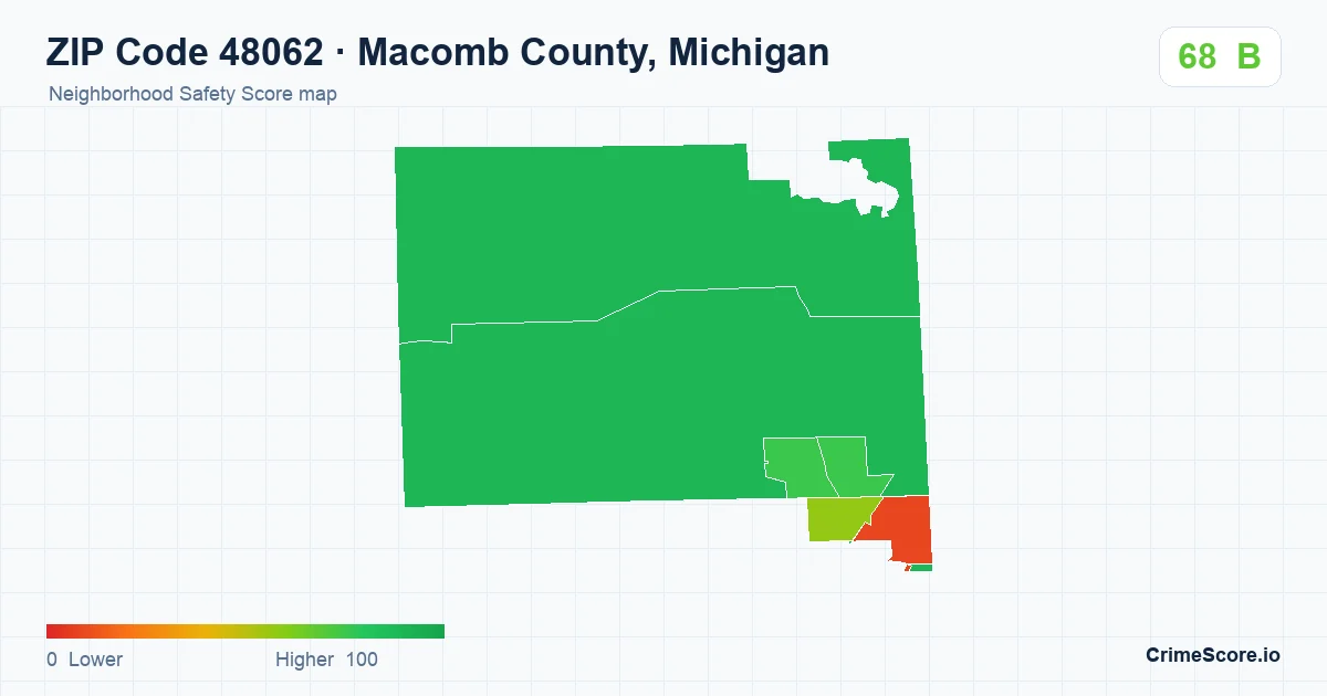 ZIP Code 48062 in Macomb County, Michigan neighborhood Safety Score map