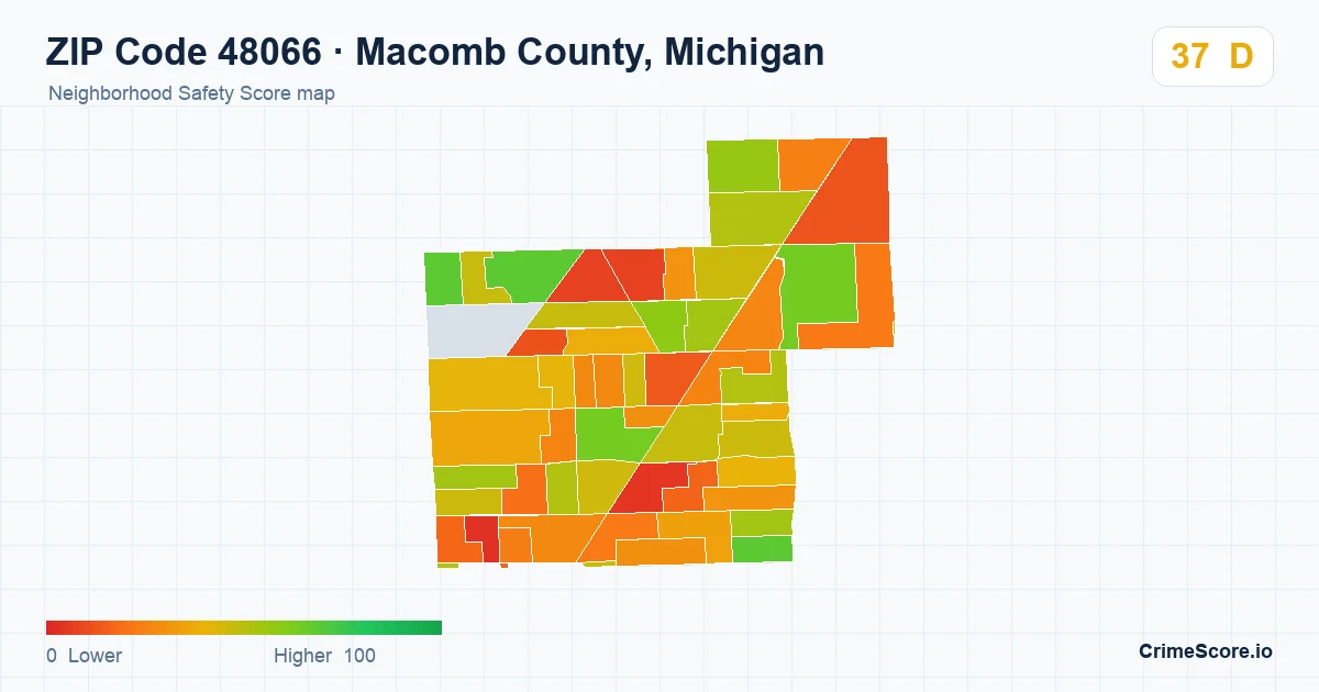 ZIP Code 48066 in Macomb County, Michigan neighborhood Safety Score map