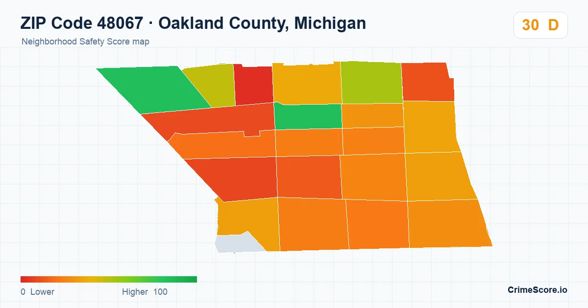ZIP Code 48067 in Oakland County, Michigan neighborhood Safety Score map