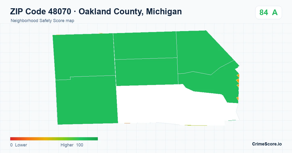 ZIP Code 48070 in Oakland County, Michigan neighborhood Safety Score map