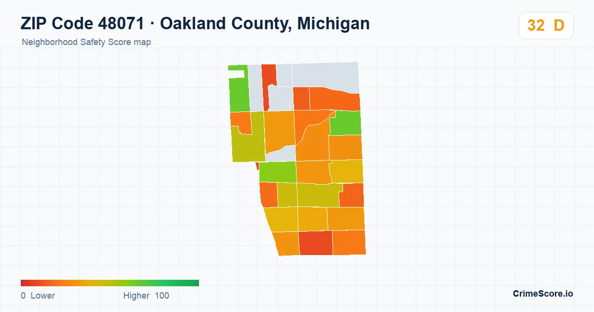 ZIP Code 48071 in Oakland County, Michigan neighborhood Safety Score map