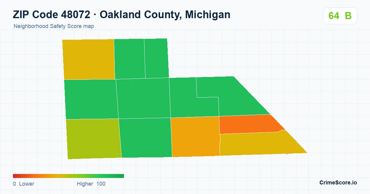 ZIP Code 48072 in Oakland County, Michigan neighborhood Safety Score map