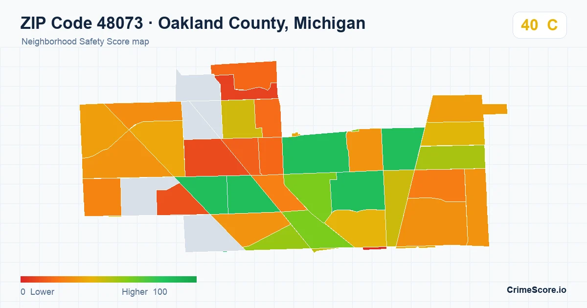 ZIP Code 48073 in Oakland County, Michigan neighborhood Safety Score map
