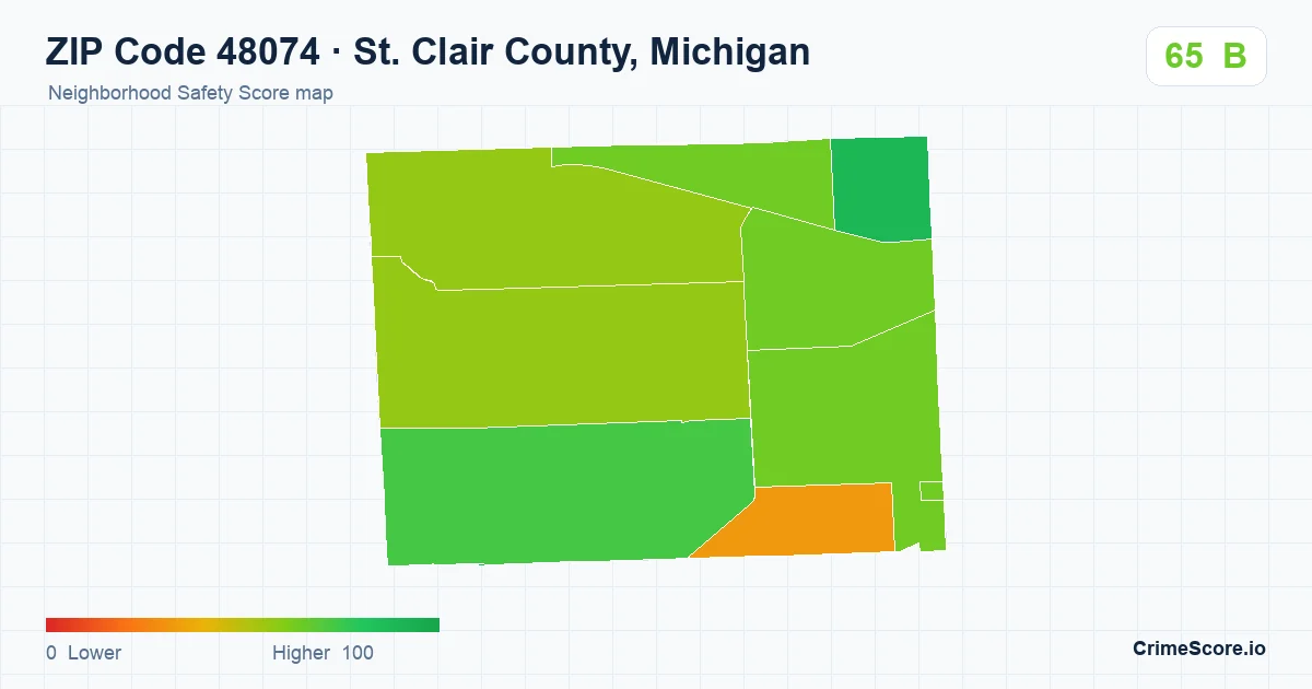 ZIP Code 48074 in St. Clair County, Michigan neighborhood Safety Score map