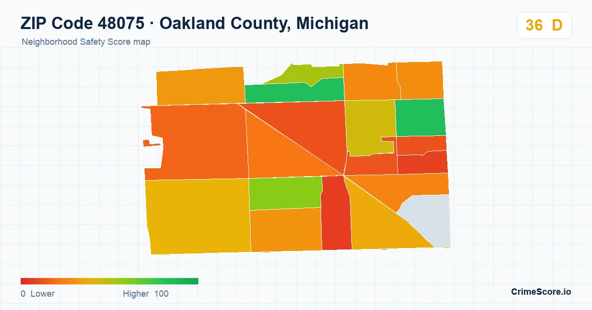 ZIP Code 48075 in Oakland County, Michigan neighborhood Safety Score map