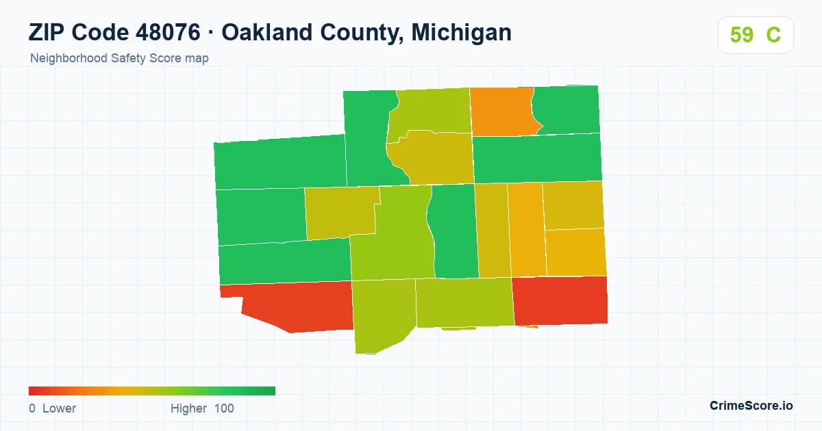 ZIP Code 48076 in Oakland County, Michigan neighborhood Safety Score map