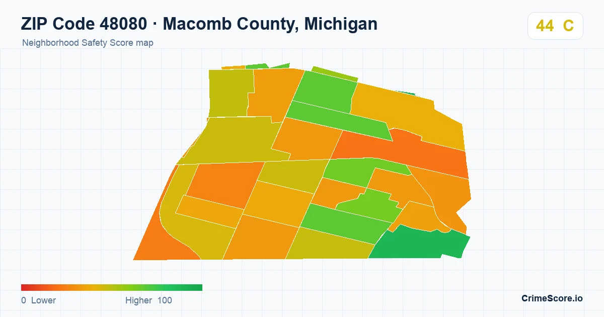 ZIP Code 48080 in Macomb County, Michigan neighborhood Safety Score map