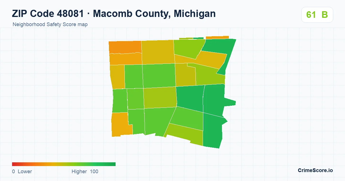 ZIP Code 48081 in Macomb County, Michigan neighborhood Safety Score map
