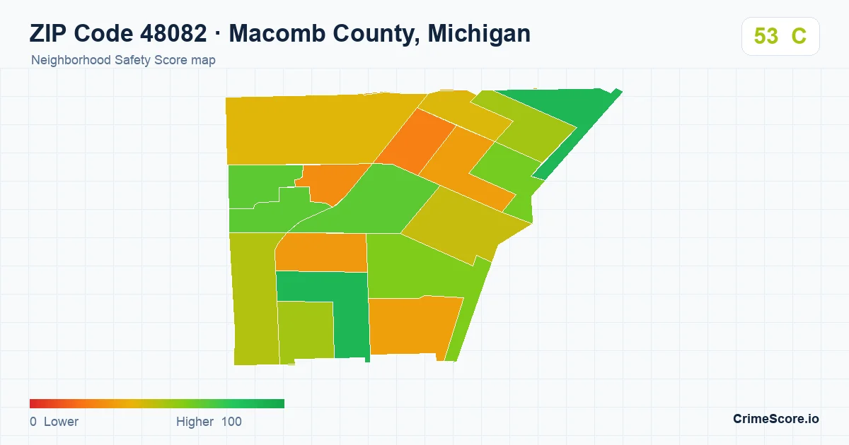 ZIP Code 48082 in Macomb County, Michigan neighborhood Safety Score map