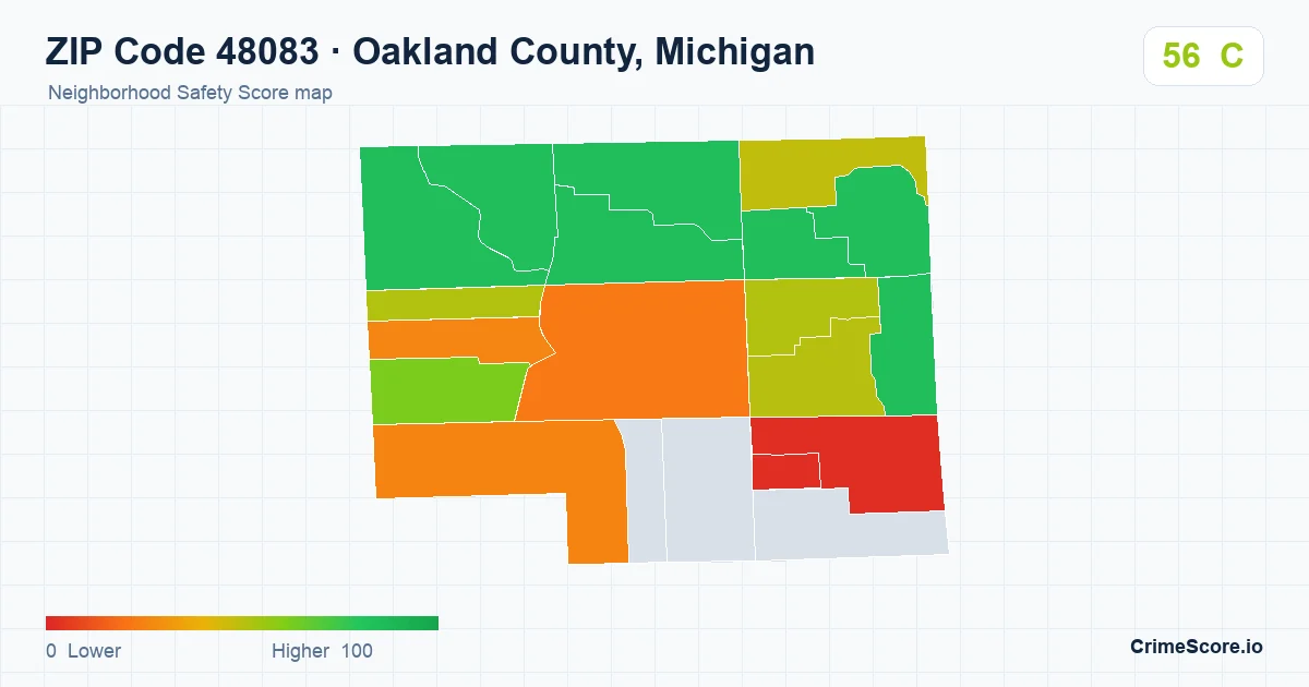 ZIP Code 48083 in Oakland County, Michigan neighborhood Safety Score map