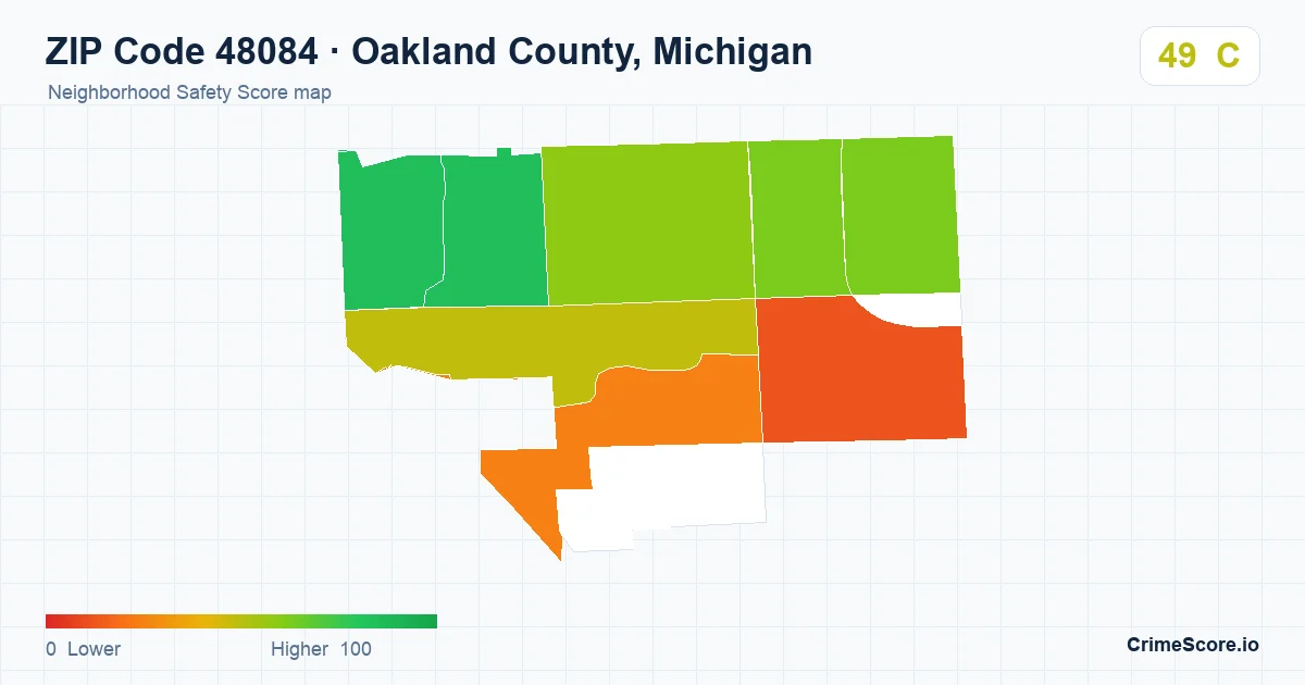 ZIP Code 48084 in Oakland County, Michigan neighborhood Safety Score map