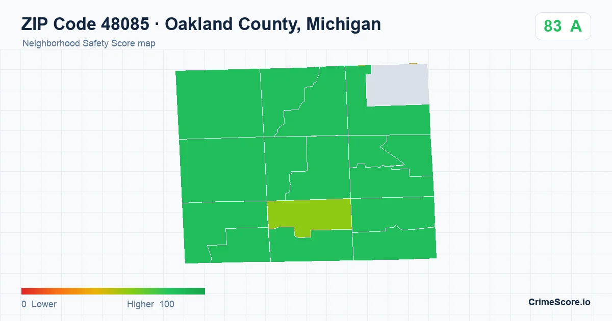 ZIP Code 48085 in Oakland County, Michigan neighborhood Safety Score map