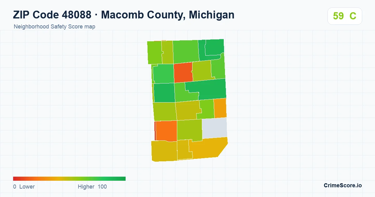 ZIP Code 48088 in Macomb County, Michigan neighborhood Safety Score map