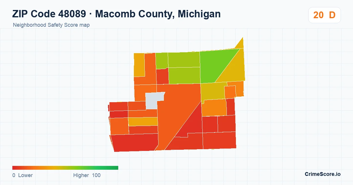 ZIP Code 48089 in Macomb County, Michigan neighborhood Safety Score map