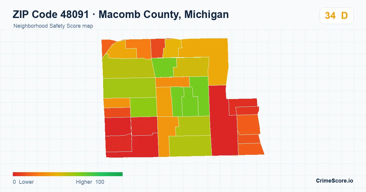 ZIP Code 48091 in Macomb County, Michigan neighborhood Safety Score map