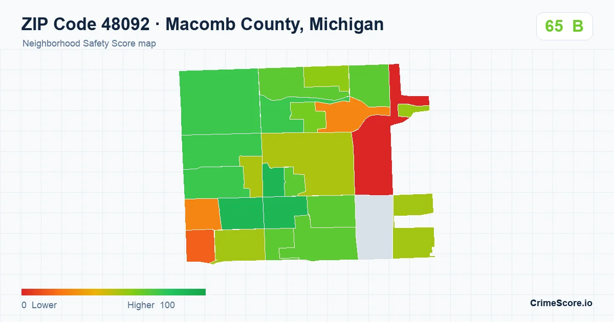 ZIP Code 48092 in Macomb County, Michigan neighborhood Safety Score map