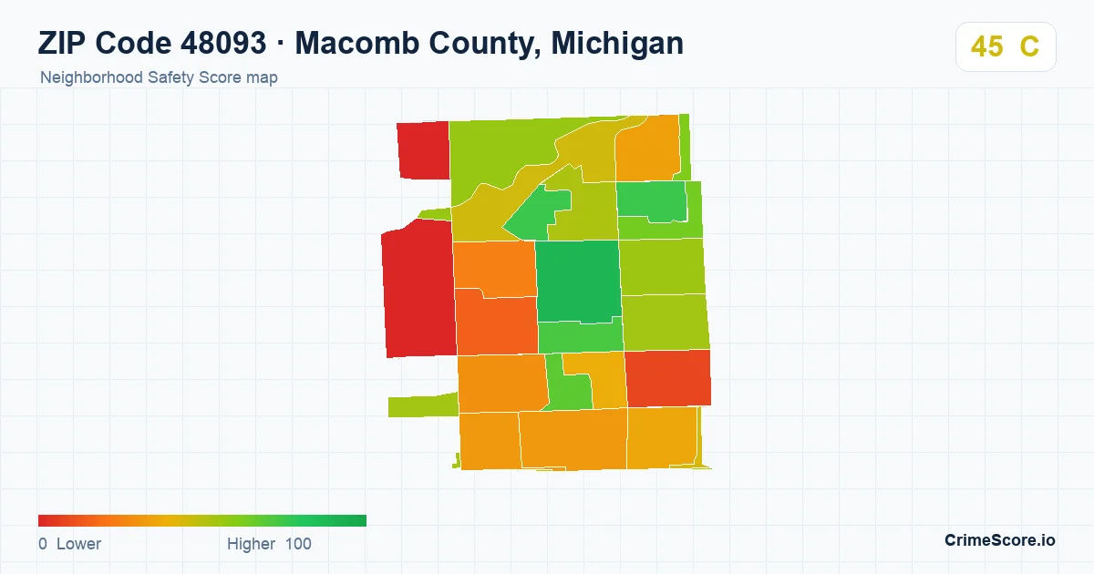 ZIP Code 48093 in Macomb County, Michigan neighborhood Safety Score map