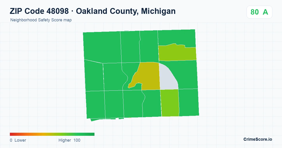 ZIP Code 48098 in Oakland County, Michigan neighborhood Safety Score map