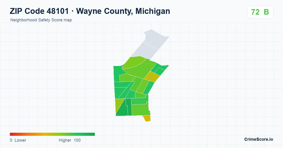 ZIP Code 48101 in Wayne County, Michigan neighborhood Safety Score map