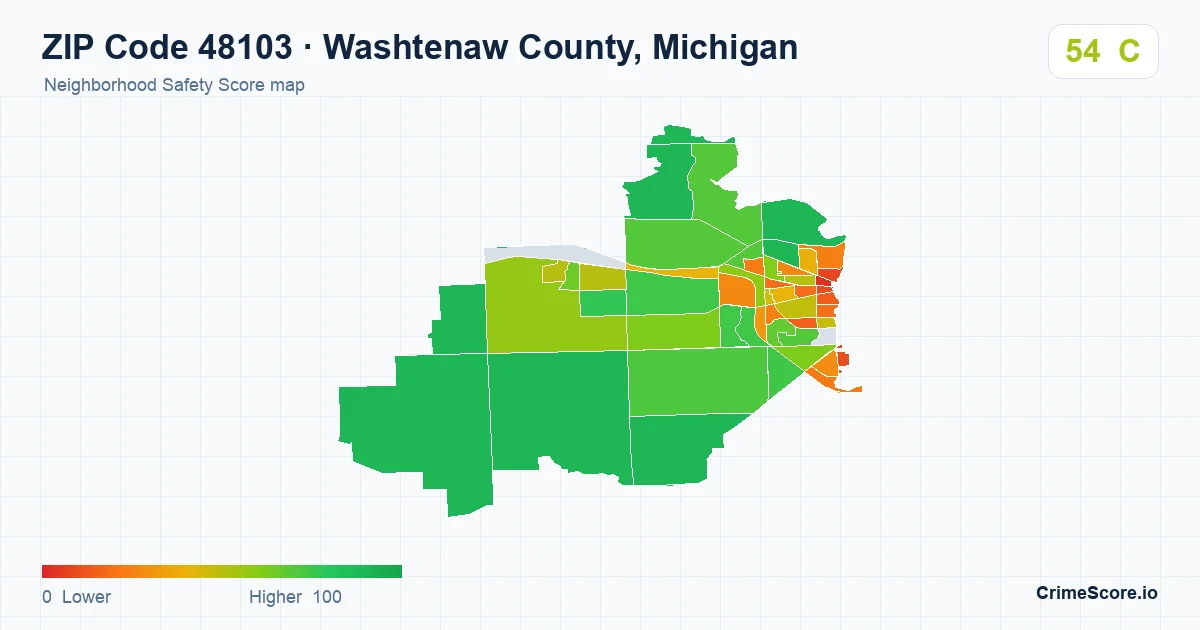 ZIP Code 48103 in Washtenaw County, Michigan neighborhood Safety Score map