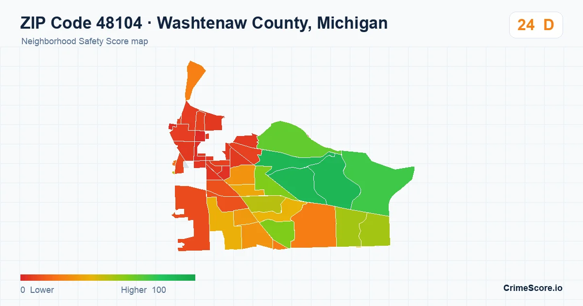 ZIP Code 48104 in Washtenaw County, Michigan neighborhood Safety Score map