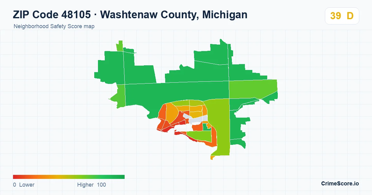 ZIP Code 48105 in Washtenaw County, Michigan neighborhood Safety Score map