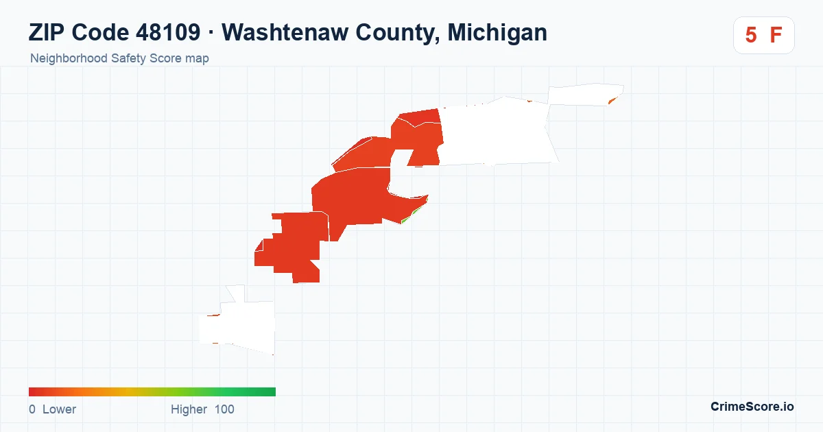 ZIP Code 48109 in Washtenaw County, Michigan neighborhood Safety Score map
