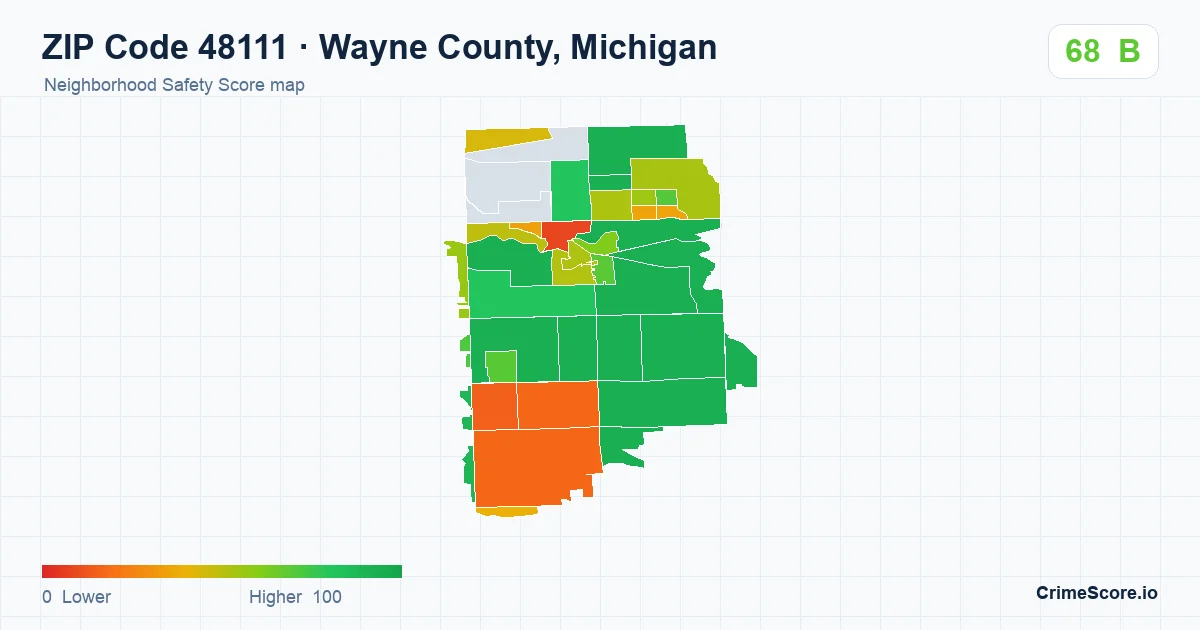 ZIP Code 48111 in Wayne County, Michigan neighborhood Safety Score map