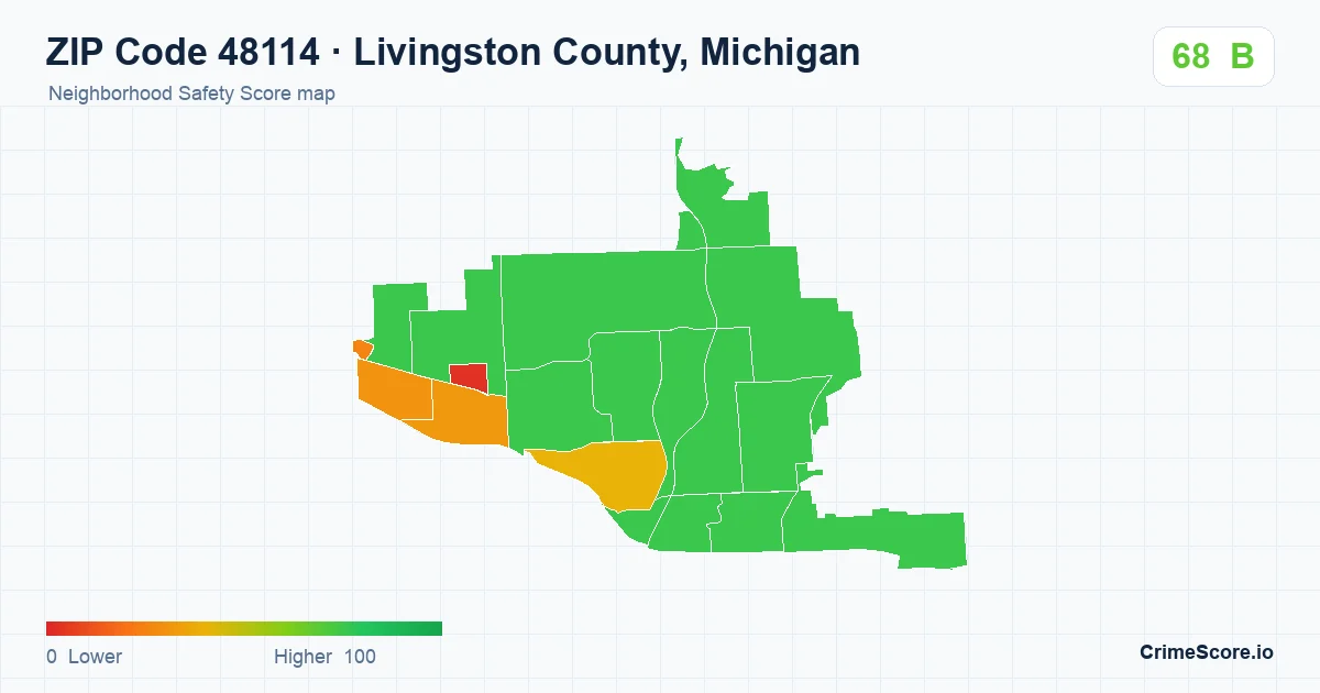 ZIP Code 48114 in Livingston County, Michigan neighborhood Safety Score map