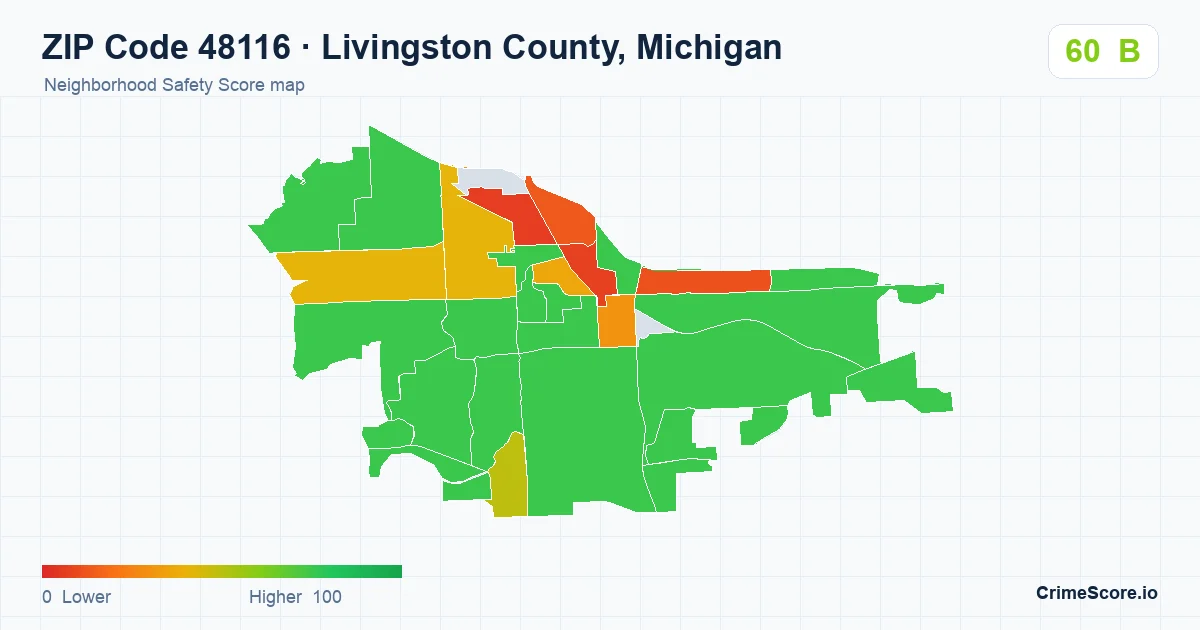 ZIP Code 48116 in Livingston County, Michigan neighborhood Safety Score map