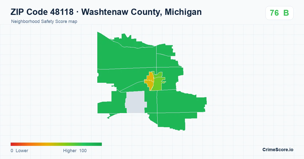ZIP Code 48118 in Washtenaw County, Michigan neighborhood Safety Score map