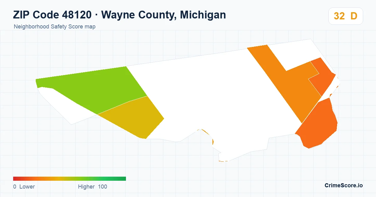 ZIP Code 48120 in Wayne County, Michigan neighborhood Safety Score map