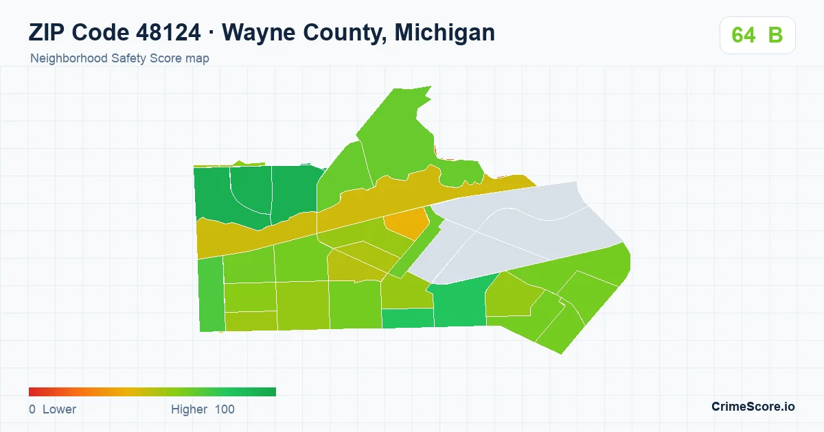 ZIP Code 48124 in Wayne County, Michigan neighborhood Safety Score map