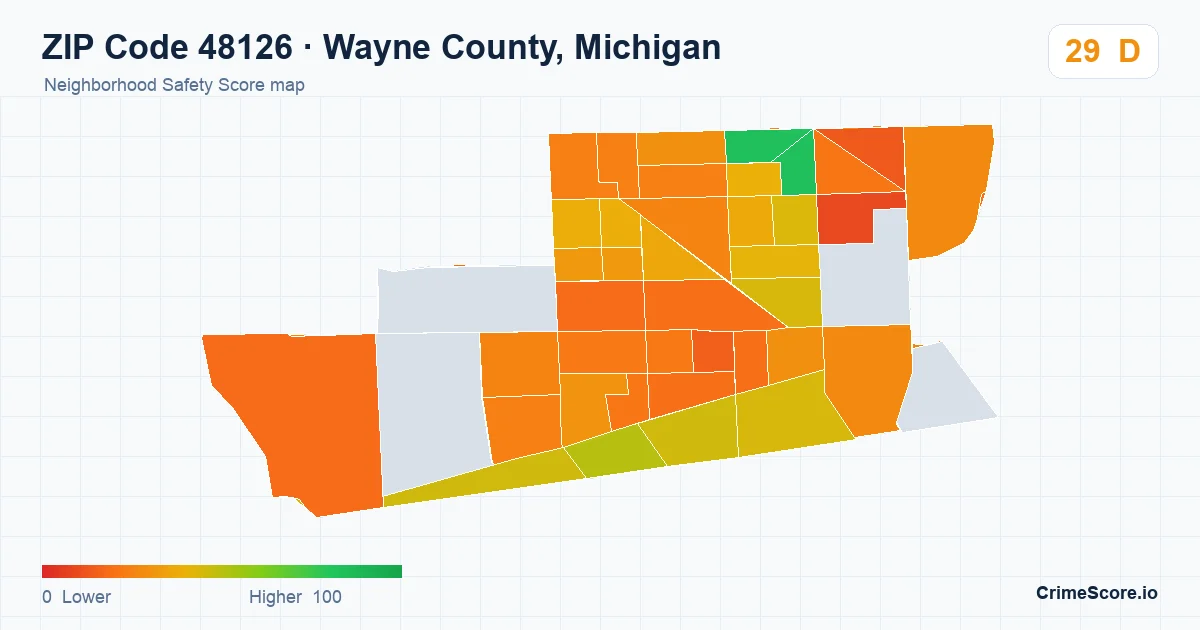 ZIP Code 48126 in Wayne County, Michigan neighborhood Safety Score map