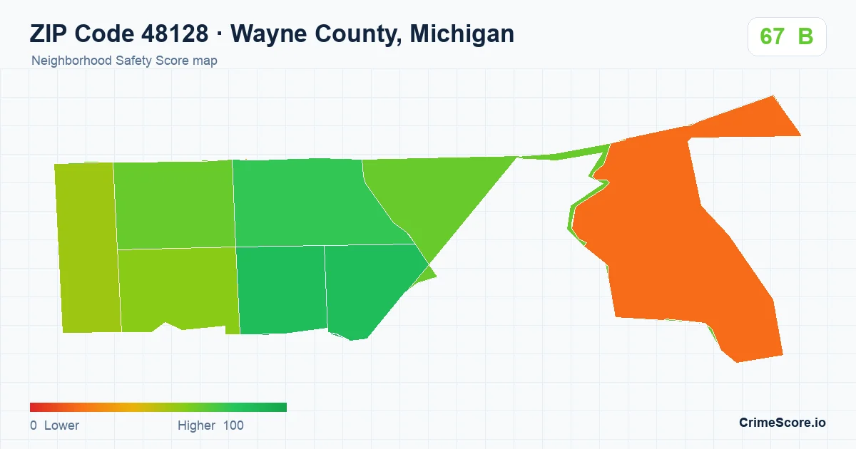 ZIP Code 48128 in Wayne County, Michigan neighborhood Safety Score map