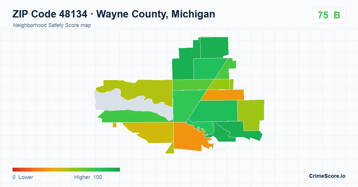 ZIP Code 48134 in Wayne County, Michigan neighborhood Safety Score map