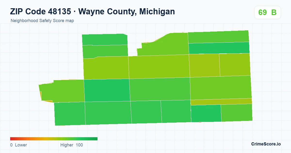 ZIP Code 48135 in Wayne County, Michigan neighborhood Safety Score map