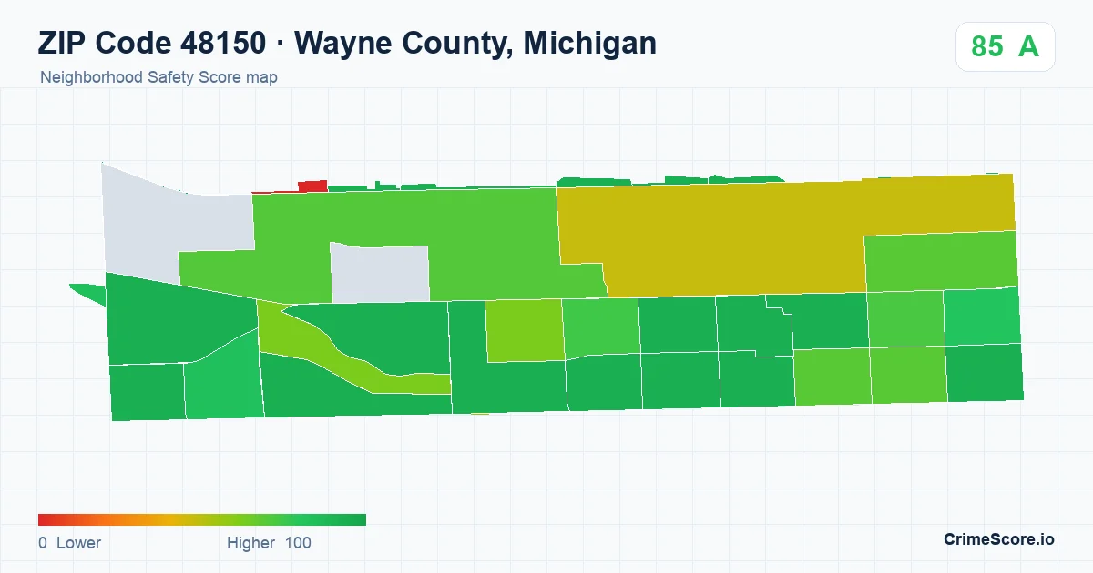 ZIP Code 48150 in Wayne County, Michigan neighborhood Safety Score map