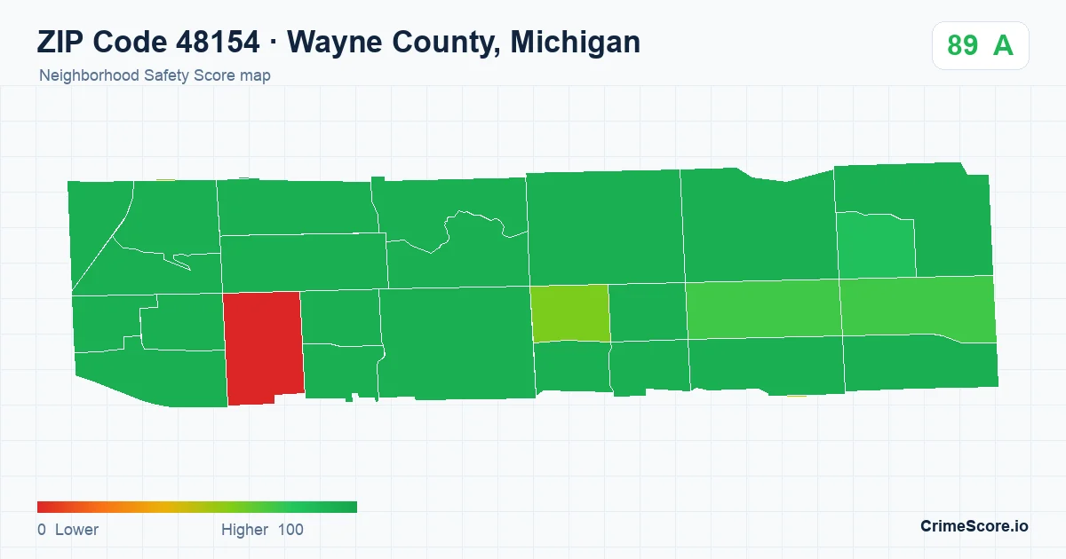 ZIP Code 48154 in Wayne County, Michigan neighborhood Safety Score map