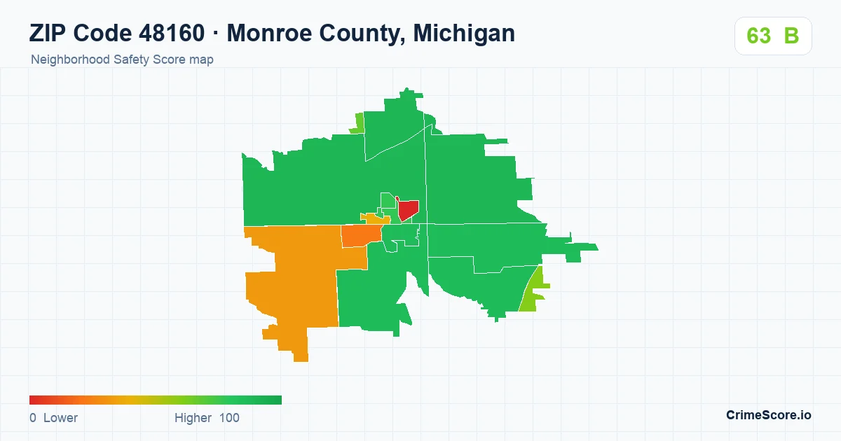 ZIP Code 48160 in Monroe County, Michigan neighborhood Safety Score map