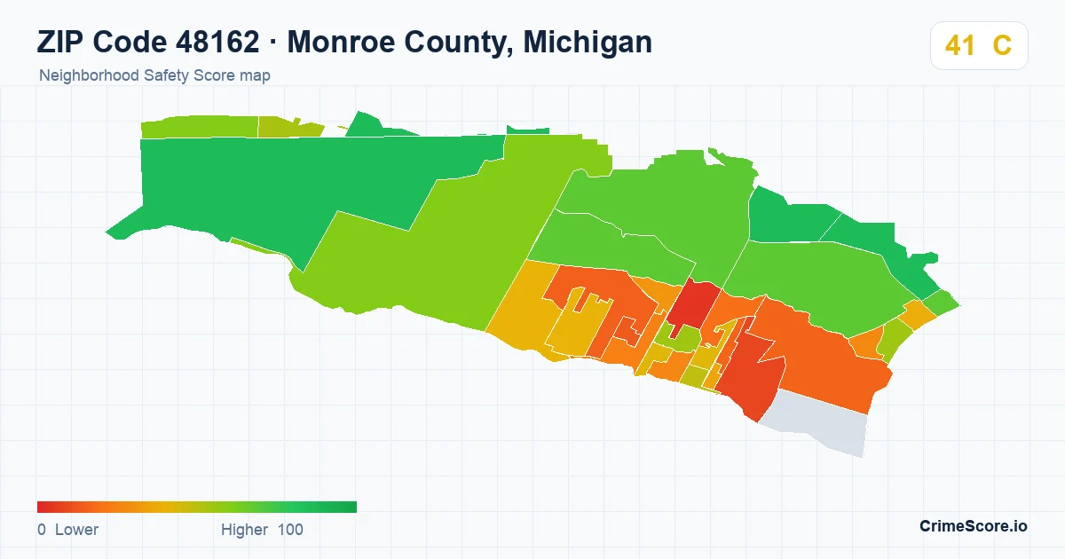 ZIP Code 48162 in Monroe County, Michigan neighborhood Safety Score map