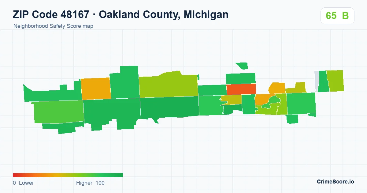 ZIP Code 48167 in Oakland County, Michigan neighborhood Safety Score map