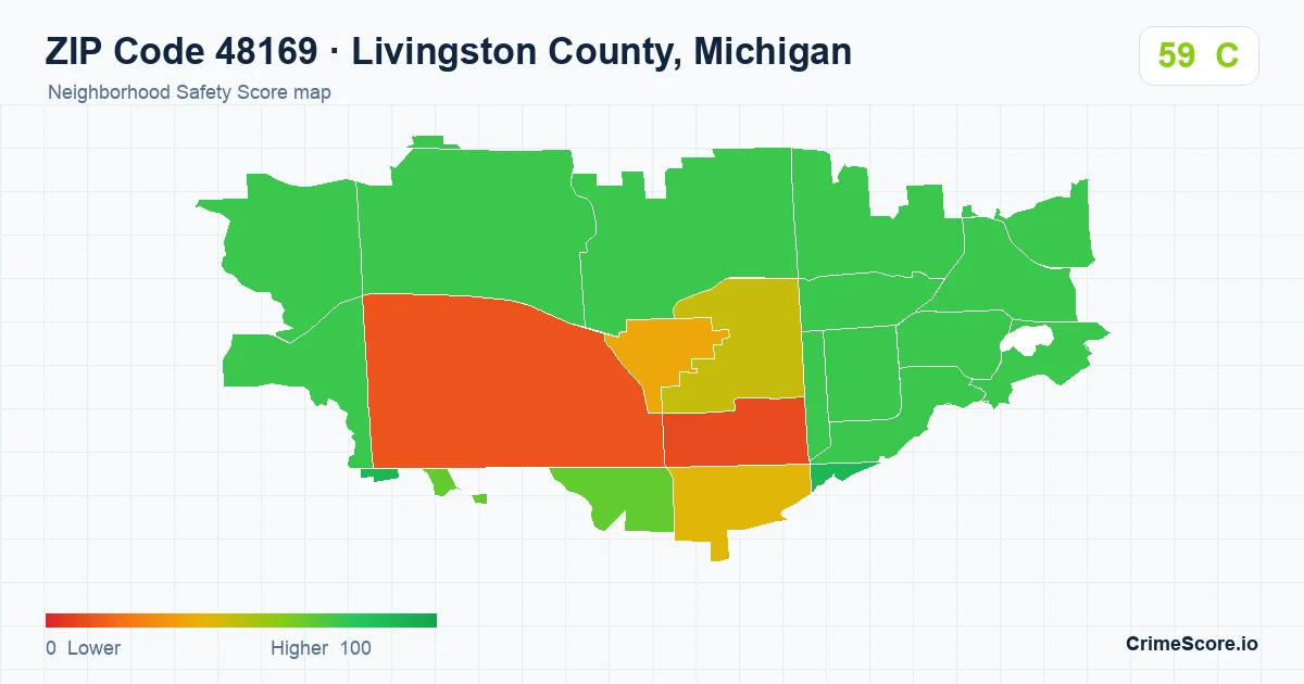 ZIP Code 48169 in Livingston County, Michigan neighborhood Safety Score map