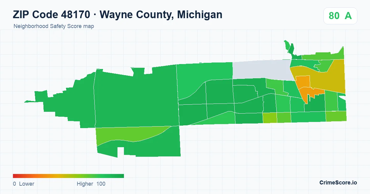 ZIP Code 48170 in Wayne County, Michigan neighborhood Safety Score map