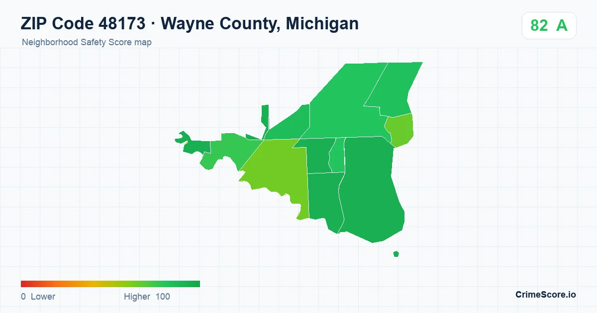 ZIP Code 48173 in Wayne County, Michigan neighborhood Safety Score map