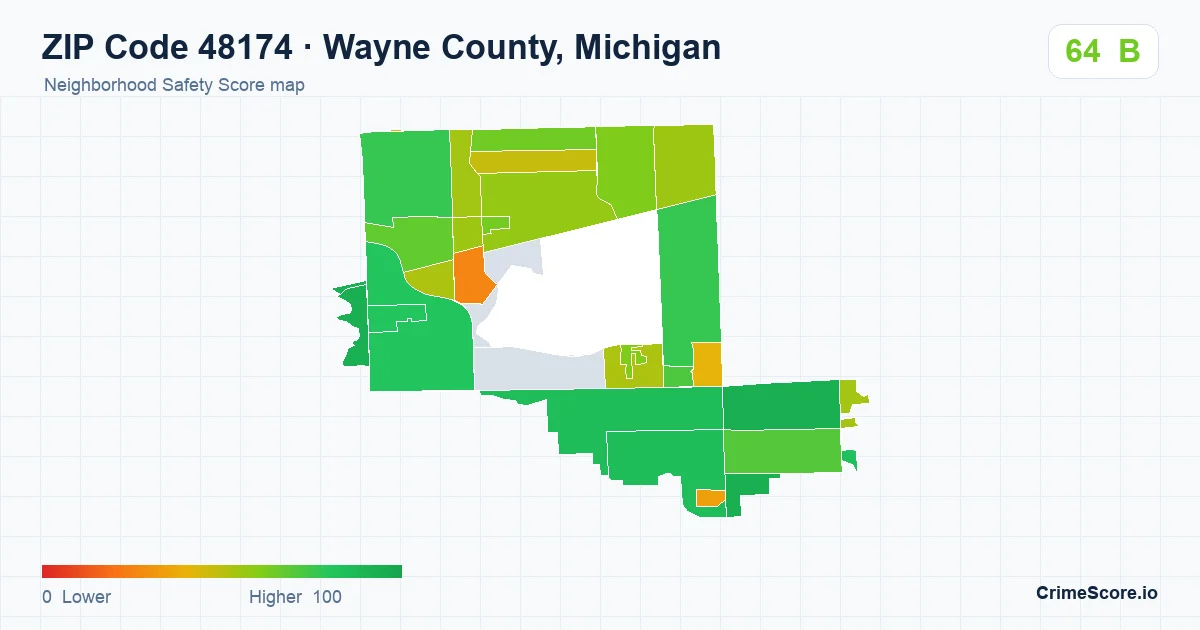 ZIP Code 48174 in Wayne County, Michigan neighborhood Safety Score map
