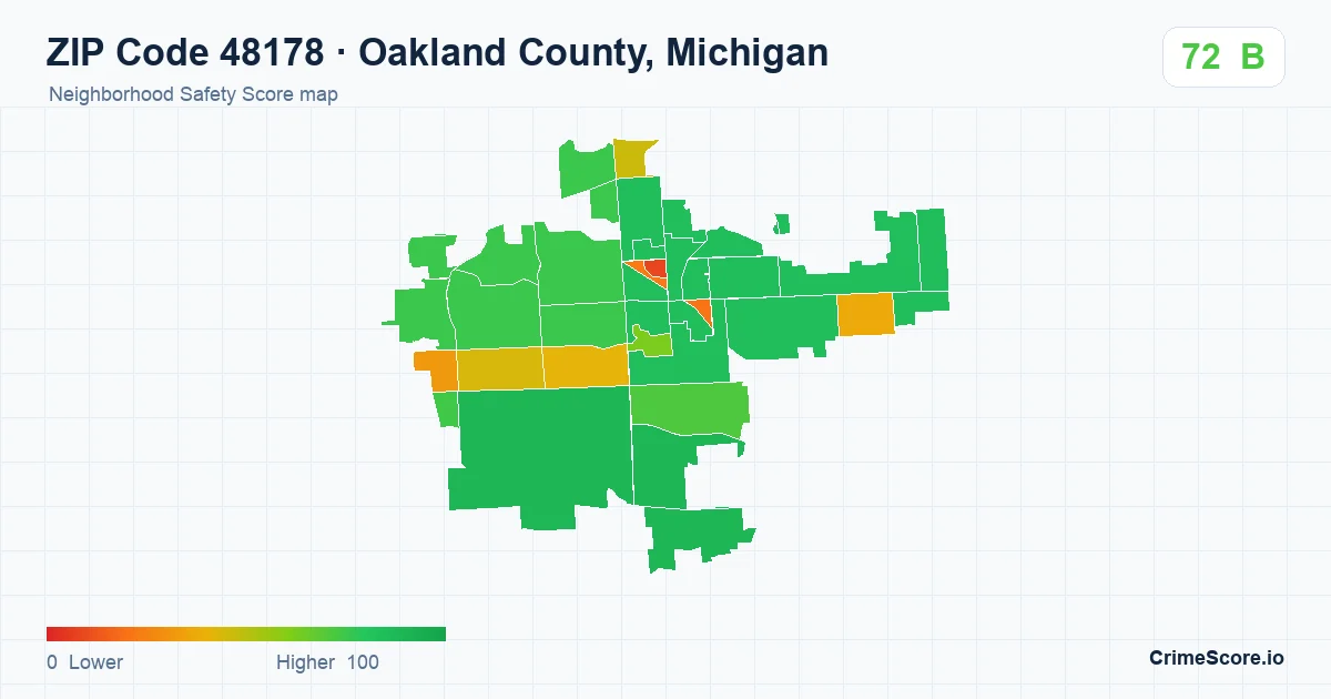 ZIP Code 48178 in Oakland County, Michigan neighborhood Safety Score map