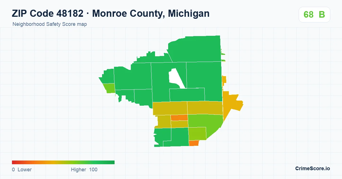 ZIP Code 48182 in Monroe County, Michigan neighborhood Safety Score map