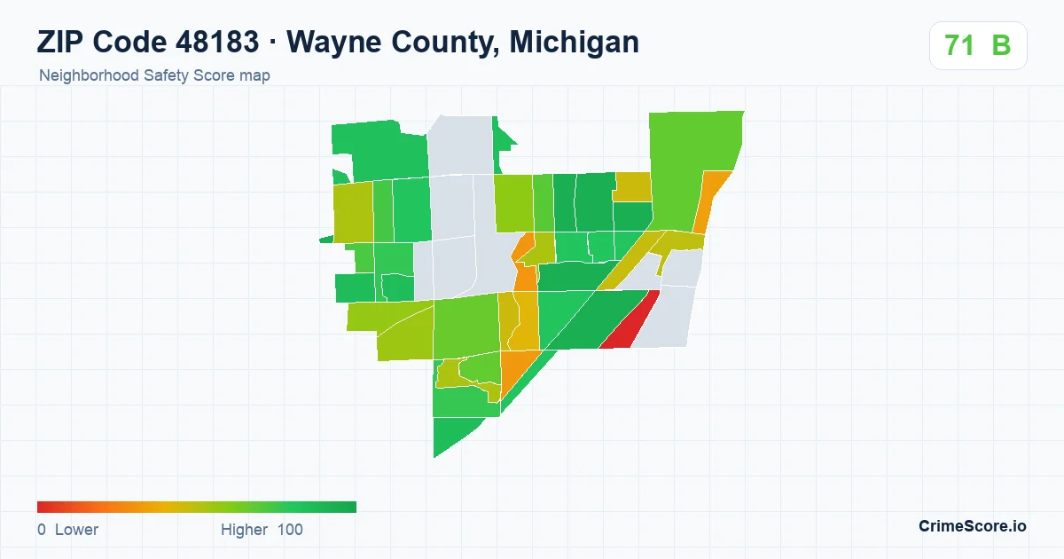 ZIP Code 48183 in Wayne County, Michigan neighborhood Safety Score map