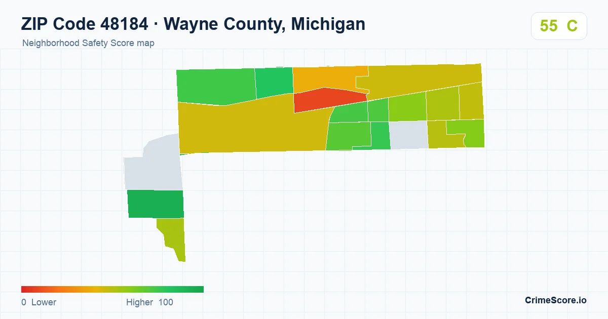 ZIP Code 48184 in Wayne County, Michigan neighborhood Safety Score map